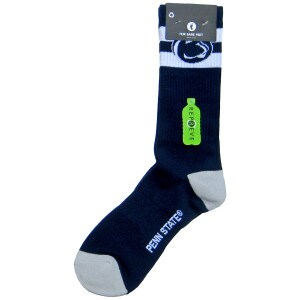 navy socks with 2 stripes, Penn State, & Athletic Logo